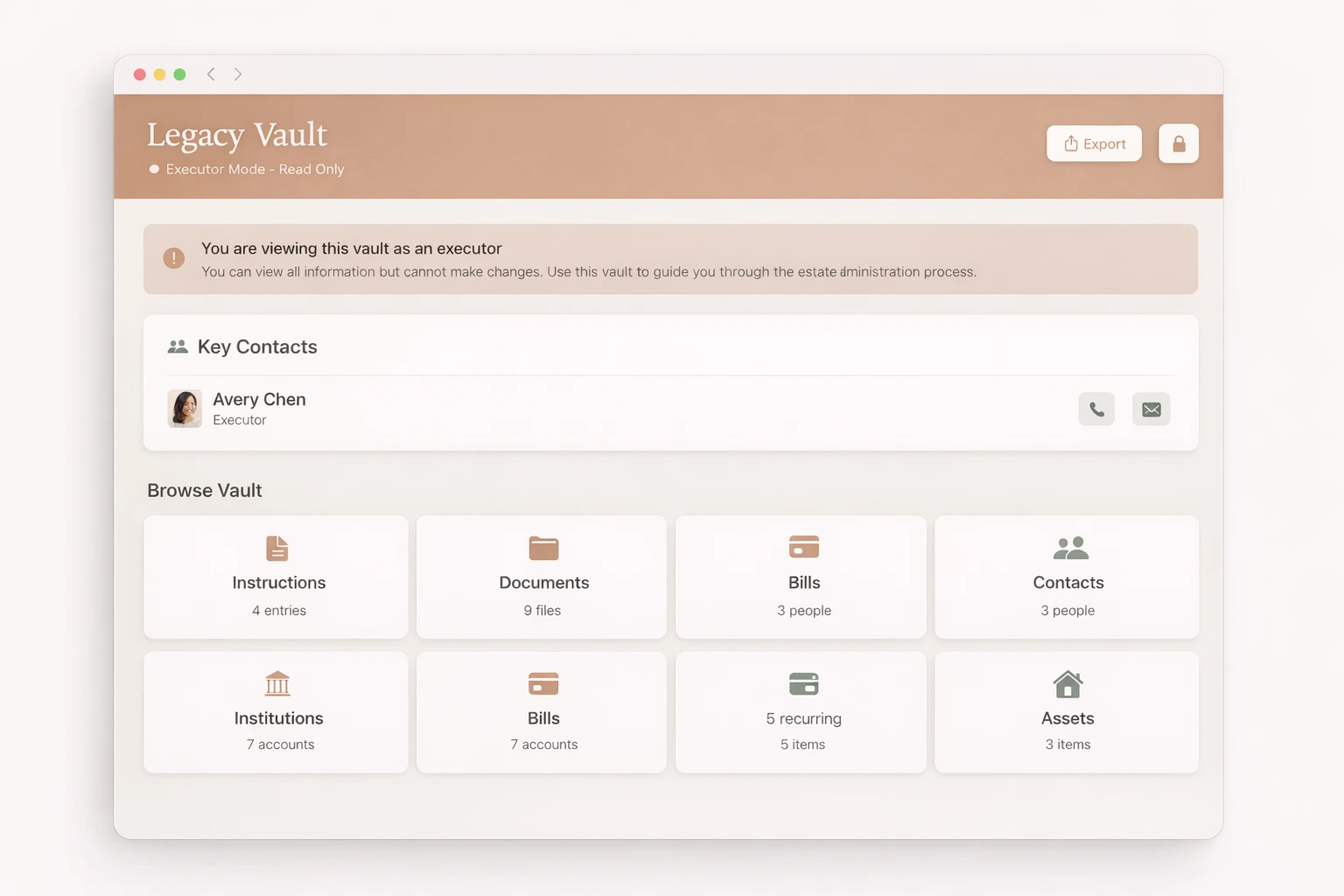 Legacy Vault executor mode dashboard with read-only vault access