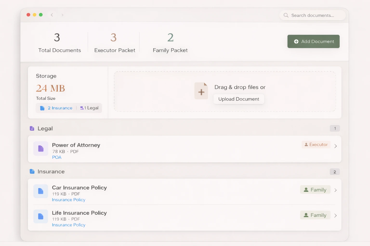 Legacy Vault documents page showing organized files by category