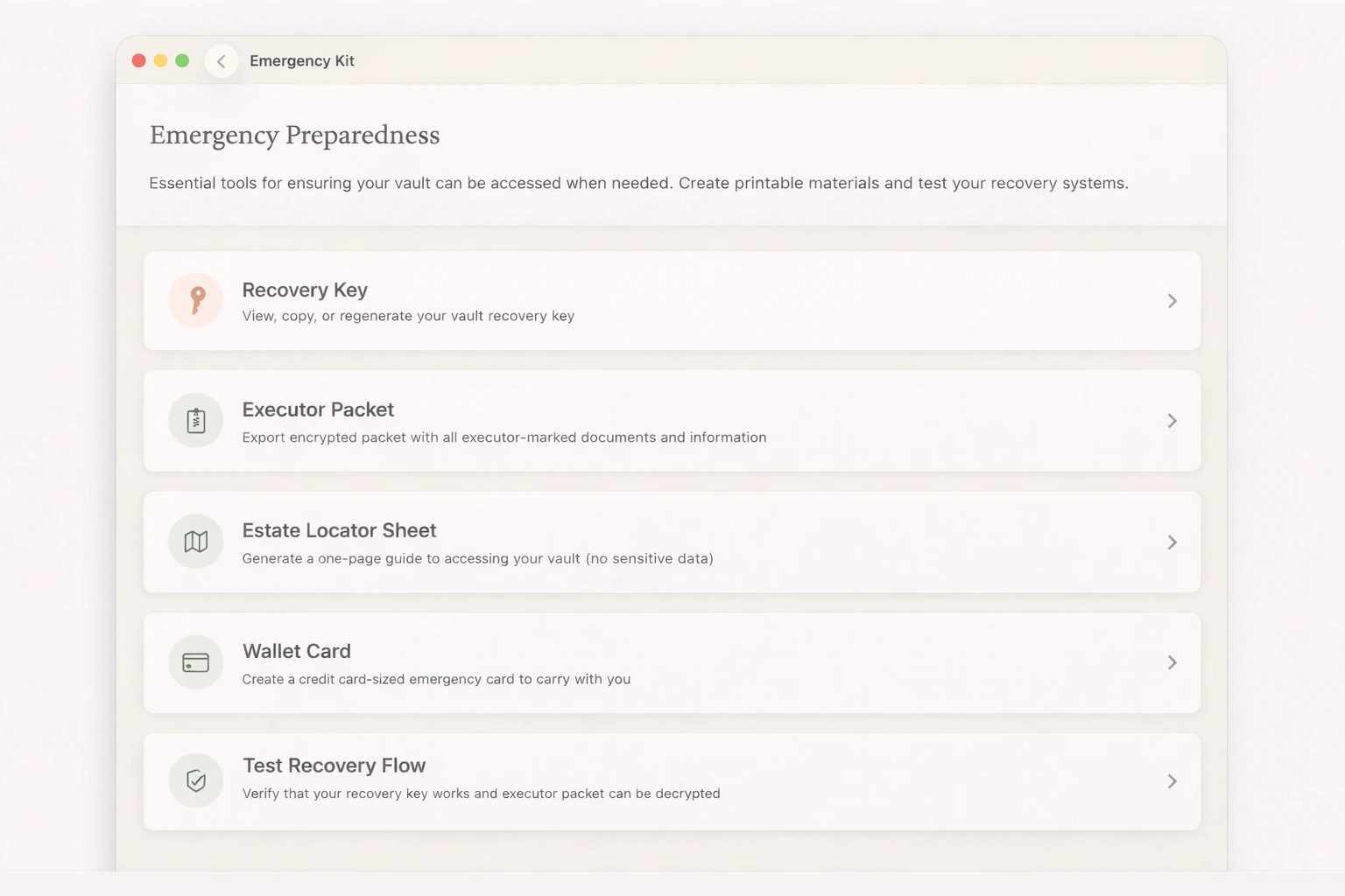 Legacy Vault emergency kit with recovery key and export options