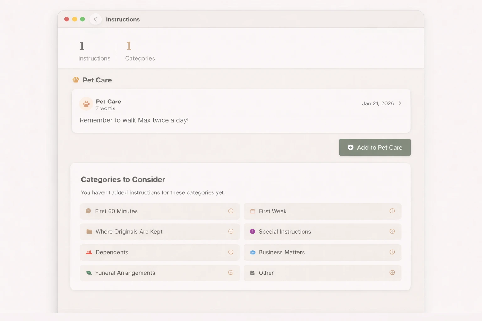 Legacy Vault instructions page with category suggestions